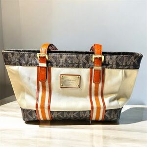 Michael Kors Signature Jet Set Canvas Tote Bag Orange Stripe MK Brown Cream